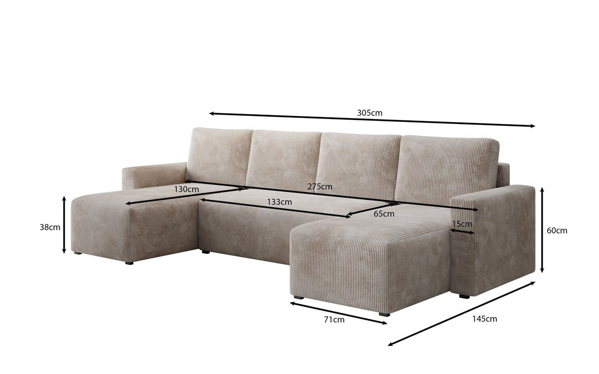 Designer Sofa Melva U mat Schloof- a Klapfunktioun a Kord