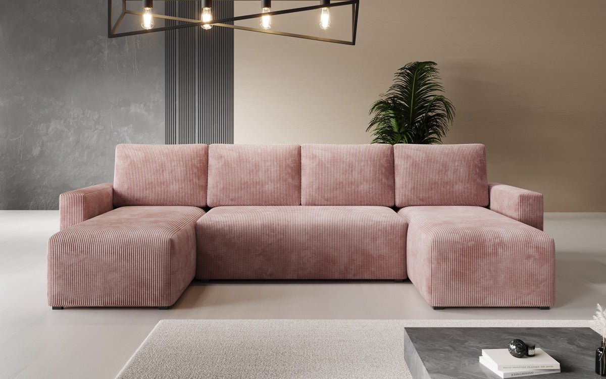 Designer Sofa Melva U mat Schloof- a Klapfunktioun a Kord