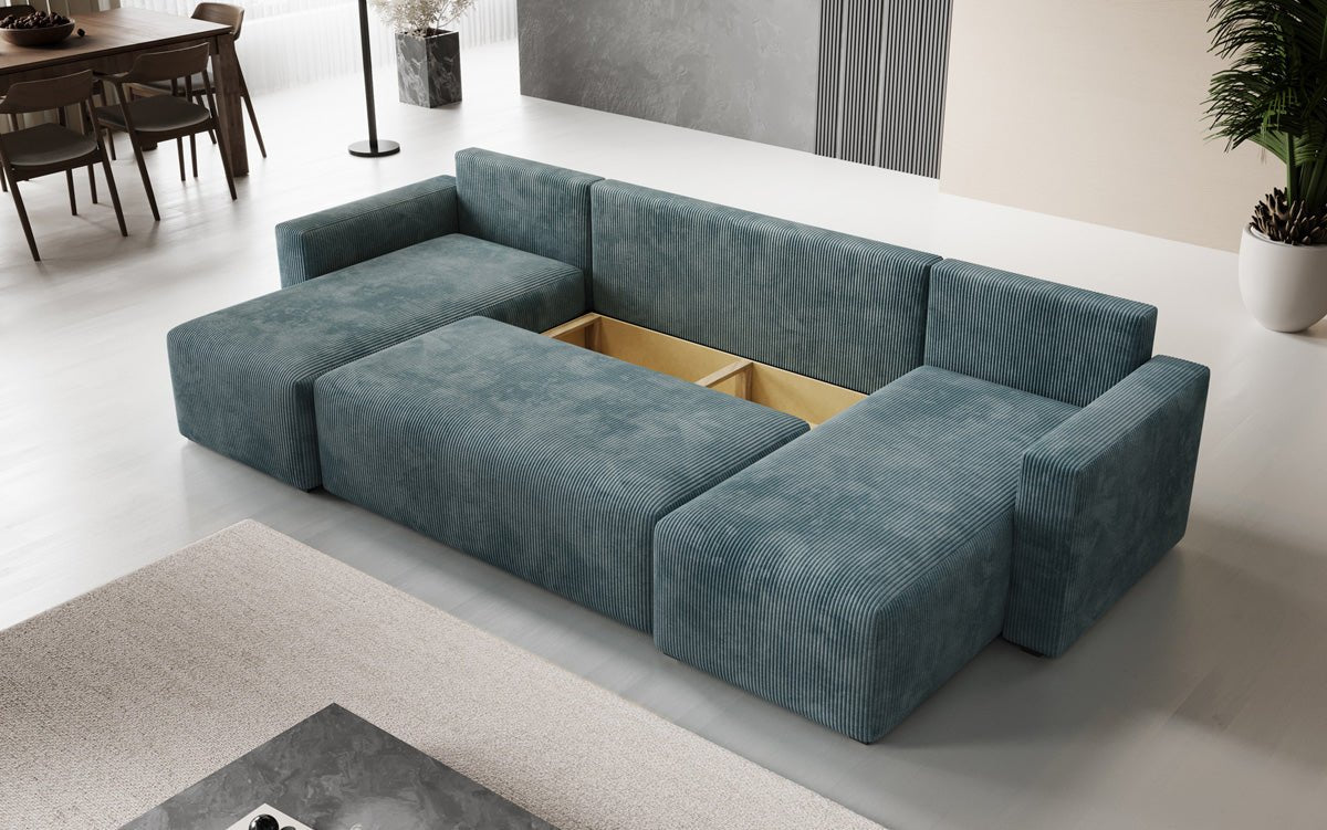 Designer Sofa Melva U mat Schloof- a Klapfunktioun a Kord