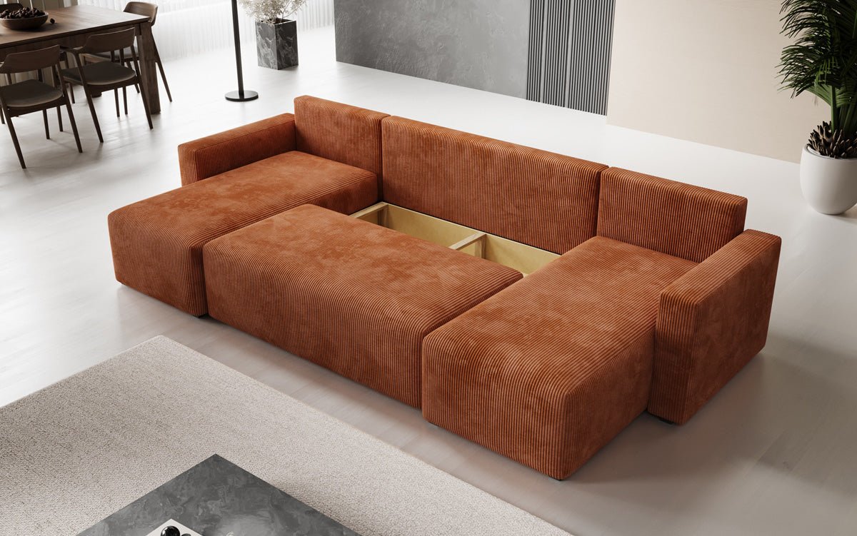 Designer Sofa Melva U mat Schloof- a Klapfunktioun a Kord