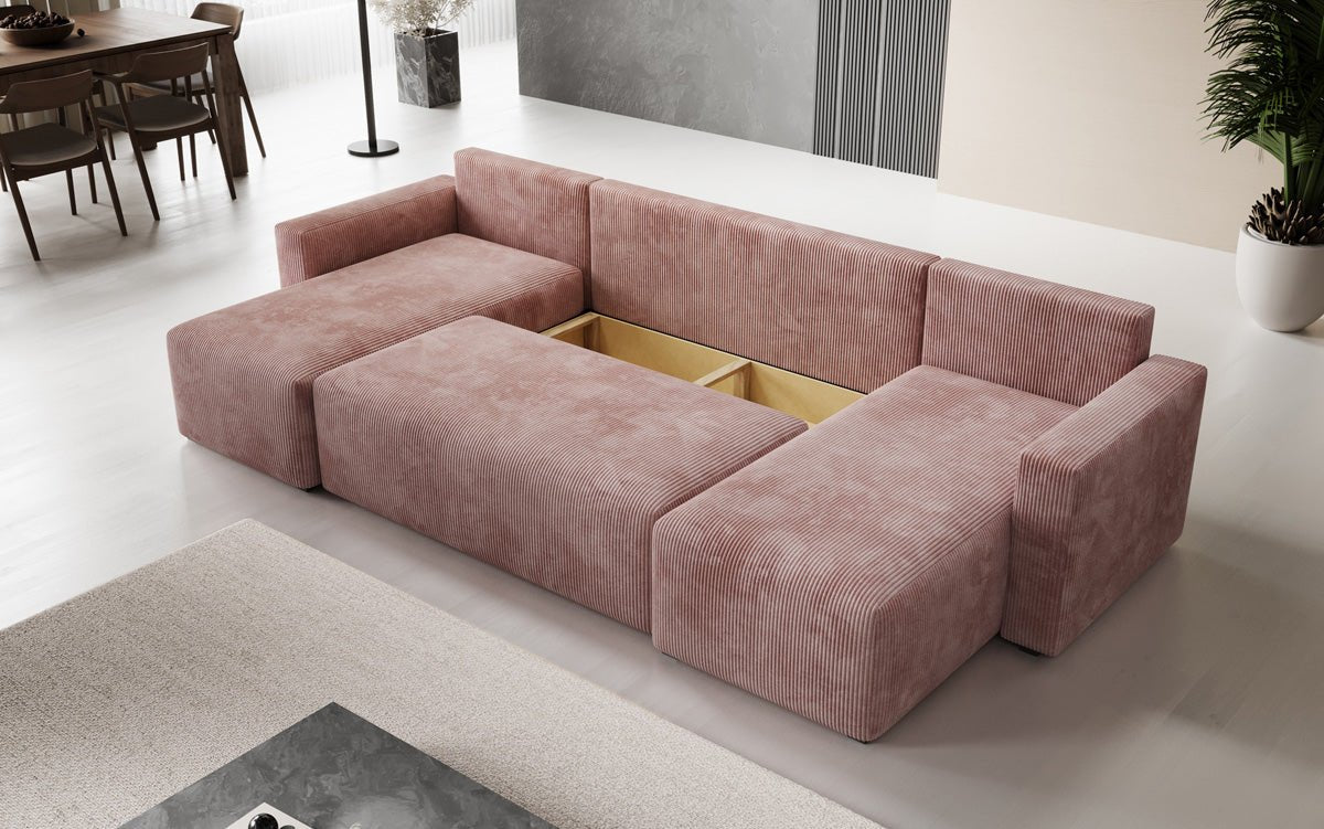 Designer Sofa Melva U mat Schloof- a Klapfunktioun a Kord