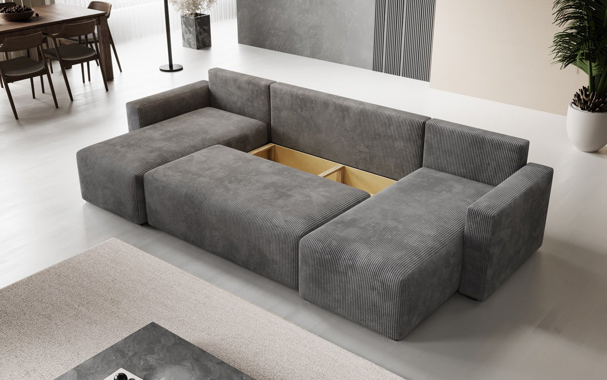 Designer Sofa Melva U mat Schloof- a Klapfunktioun a Kord