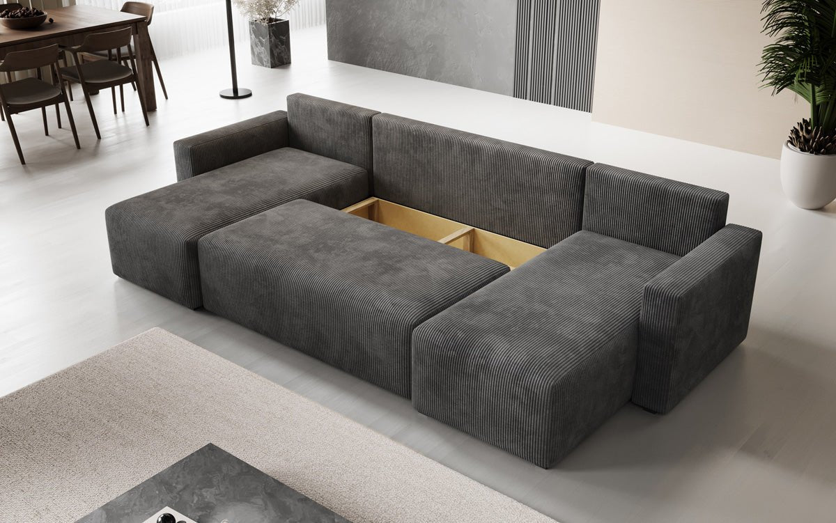 Designer Sofa Melva U mat Schloof- a Klapfunktioun a Kord