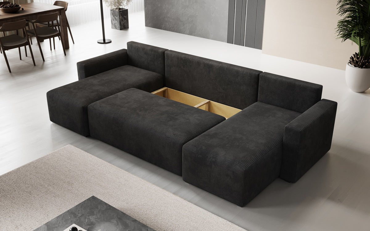 Designer Sofa Melva U mat Schloof- a Klapfunktioun a Kord