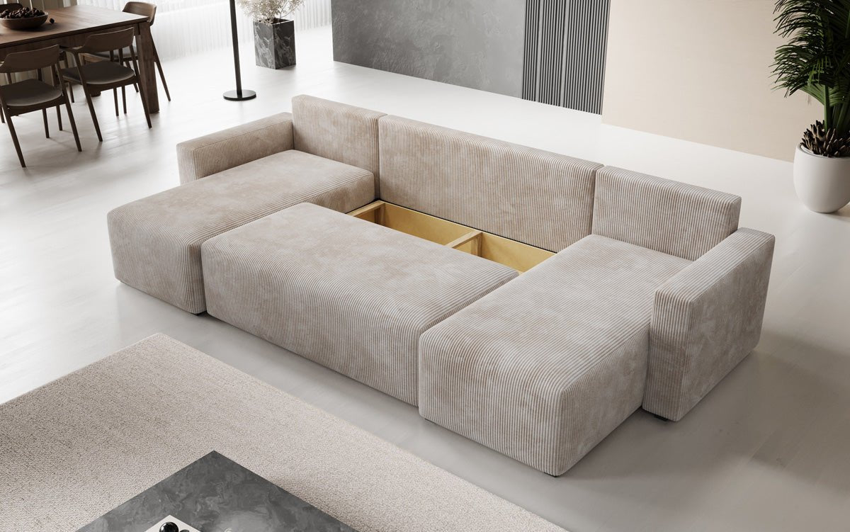 Designer Sofa Melva U mat Schloof- a Klapfunktioun a Kord