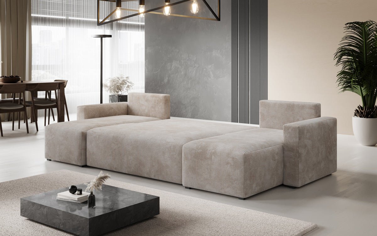 Designer Sofa Melva U mat Schloof- a Klapfunktioun a Kord