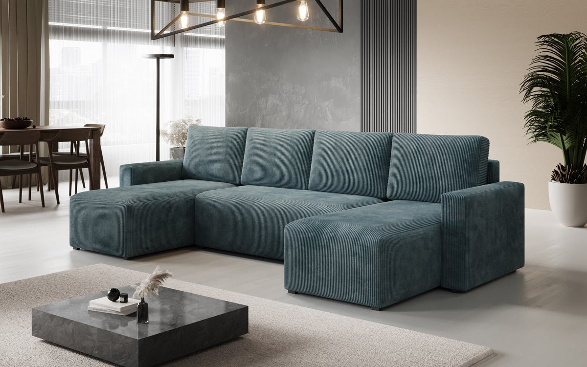 Designer Sofa Melva U mat Schloof- a Klapfunktioun a Kord