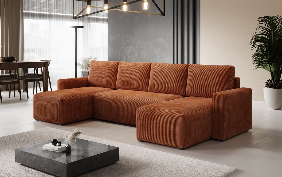 Designer Sofa Melva U mat Schloof- a Klapfunktioun a Kord