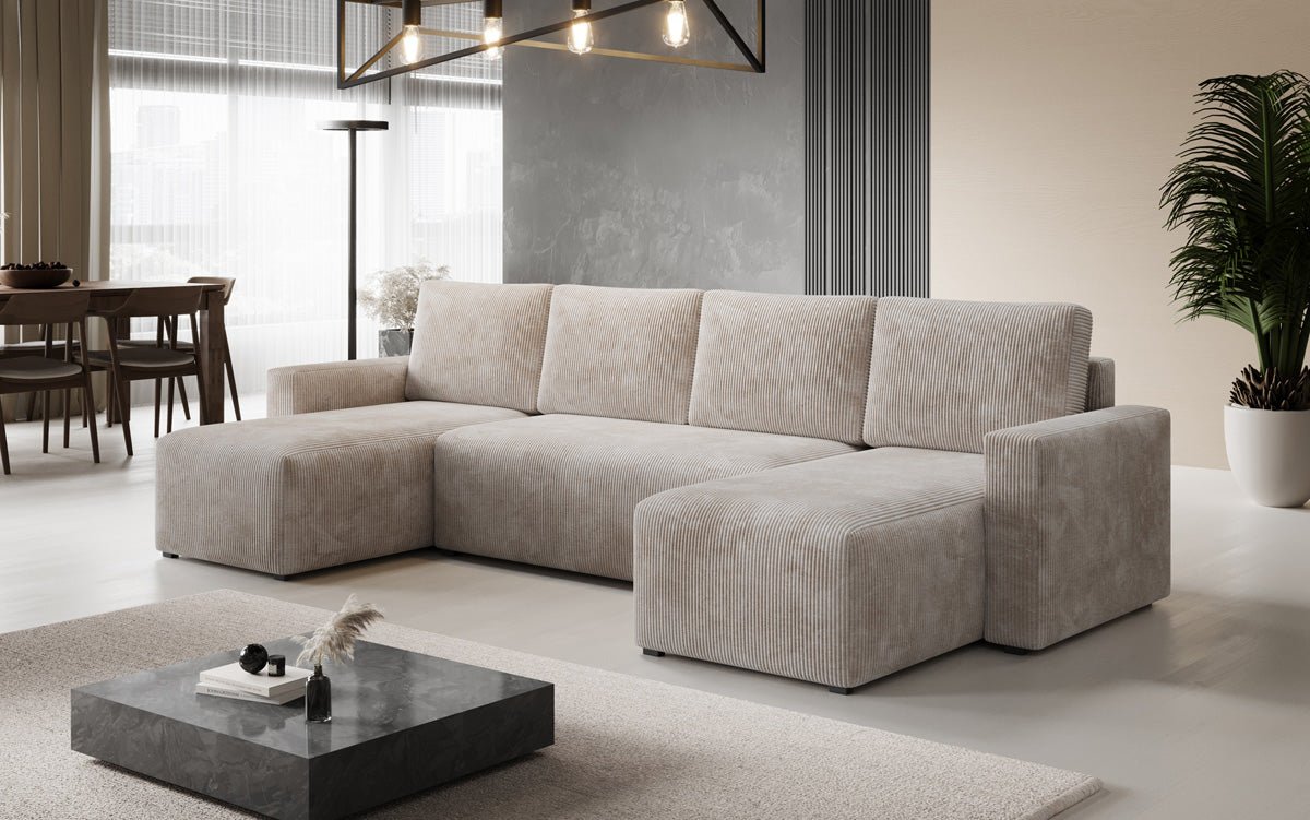 Designer Sofa Melva U mat Schloof- a Klapfunktioun a Kord