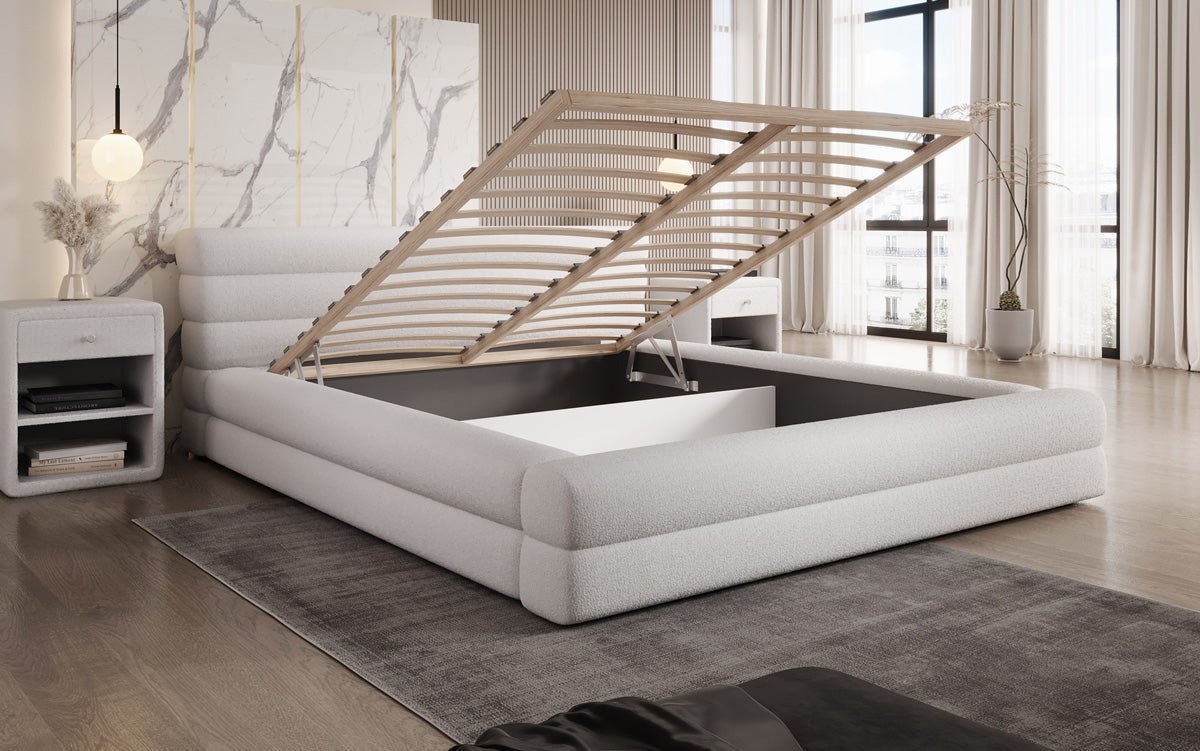 Designer Polsterbett Velana Bouclé mat Stauraum