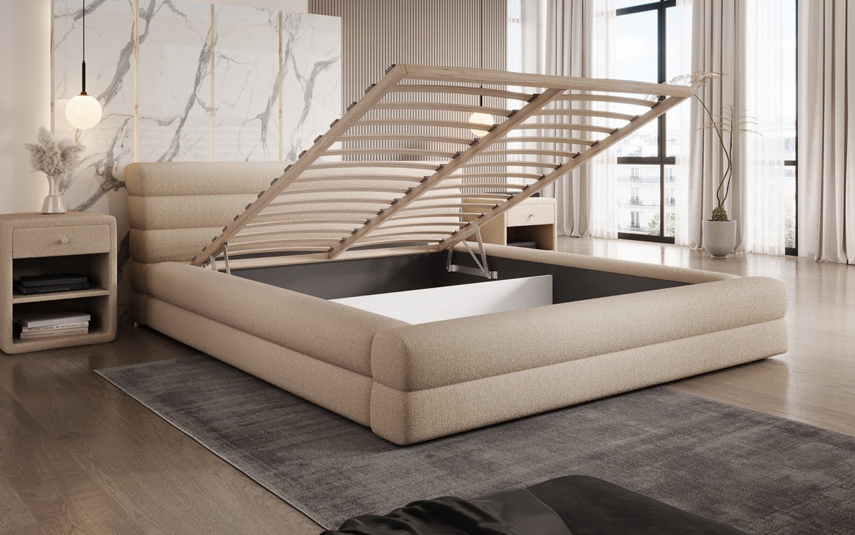 Designer Polsterbett Velana Bouclé mat Stauraum