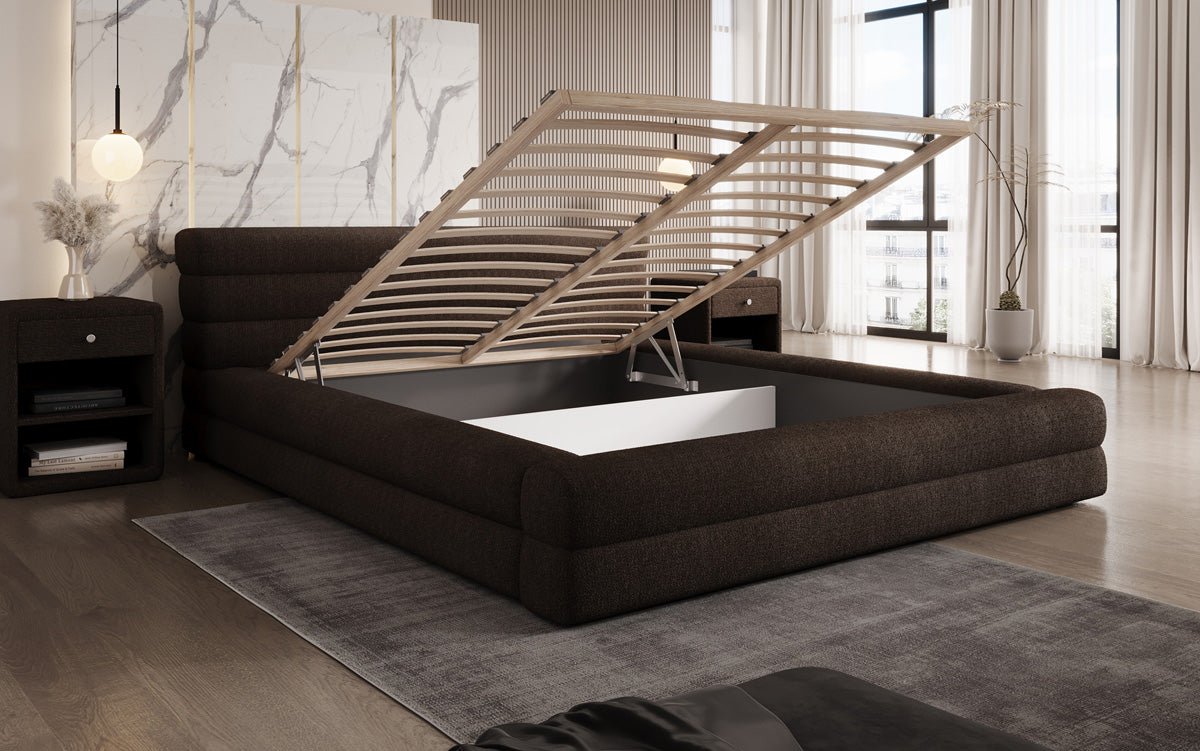 Designer Polsterbett Velana Bouclé mat Stauraum