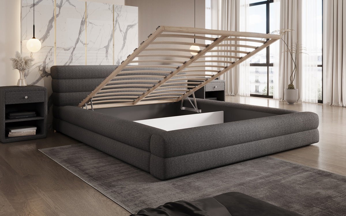 Designer Polsterbett Velana Bouclé mat Stauraum