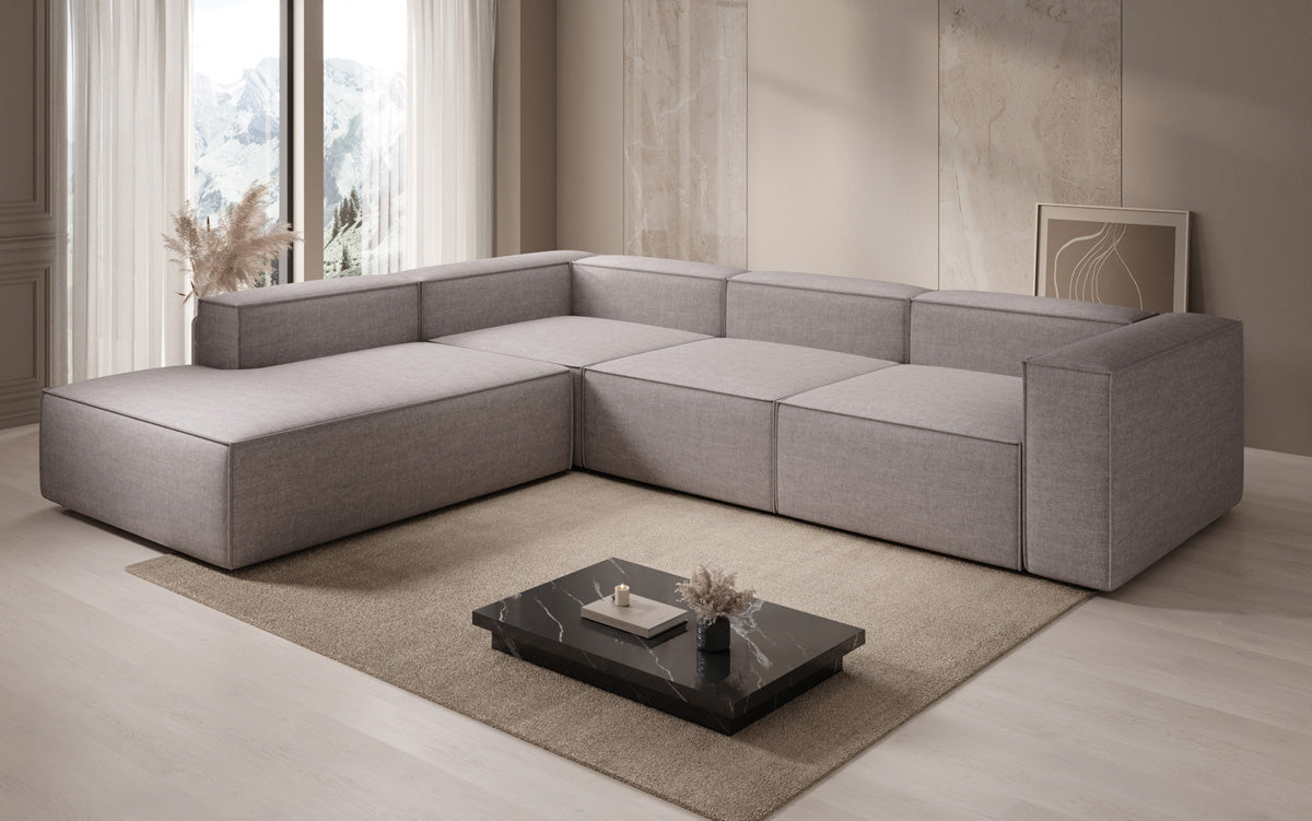 Designer Ecksofa Lesley mit langer Ottomane in Leinen-Optik