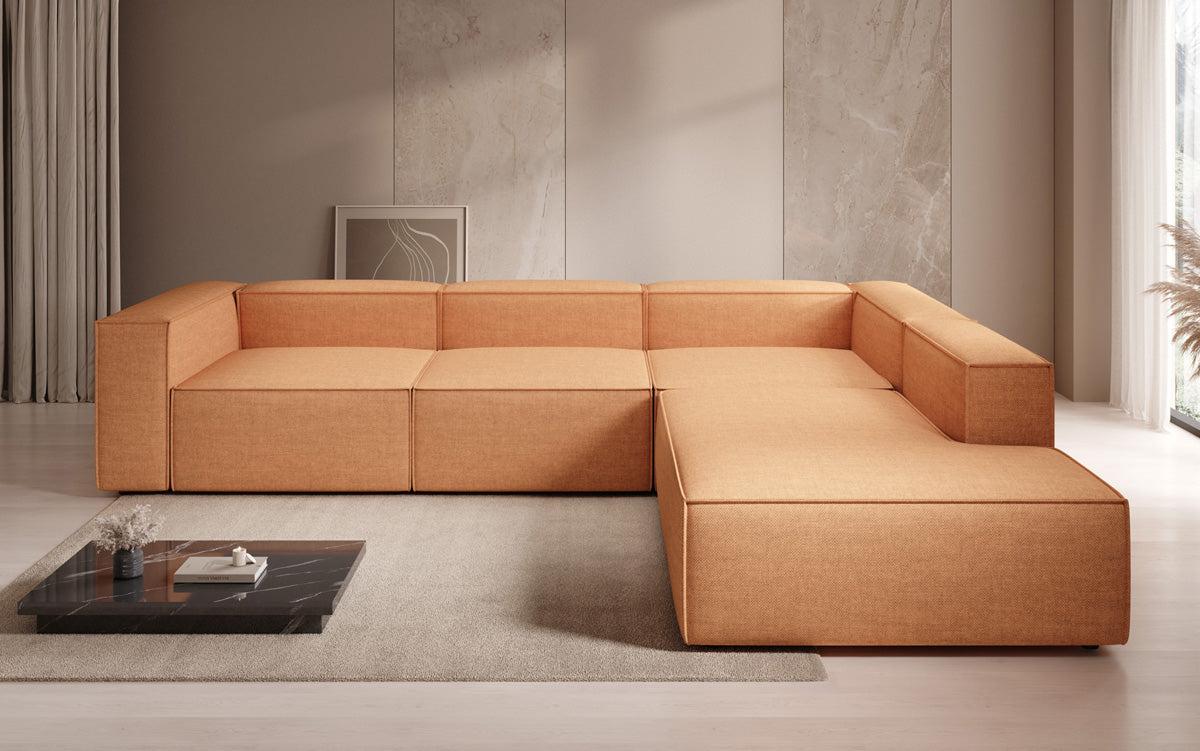 Designer Ecksofa Lesley mit langer Ottomane in Leinen-Optik