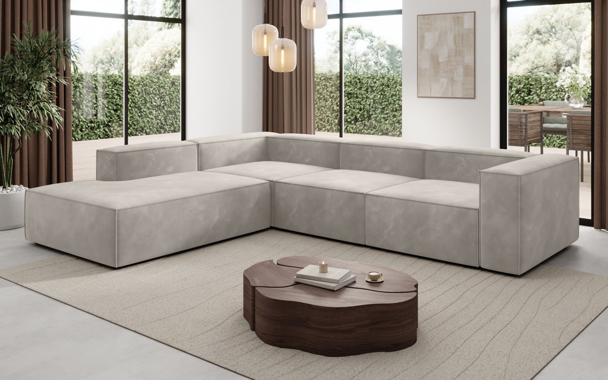 Designer Sofa Lesley L mat laanger Ottomane aus Samt