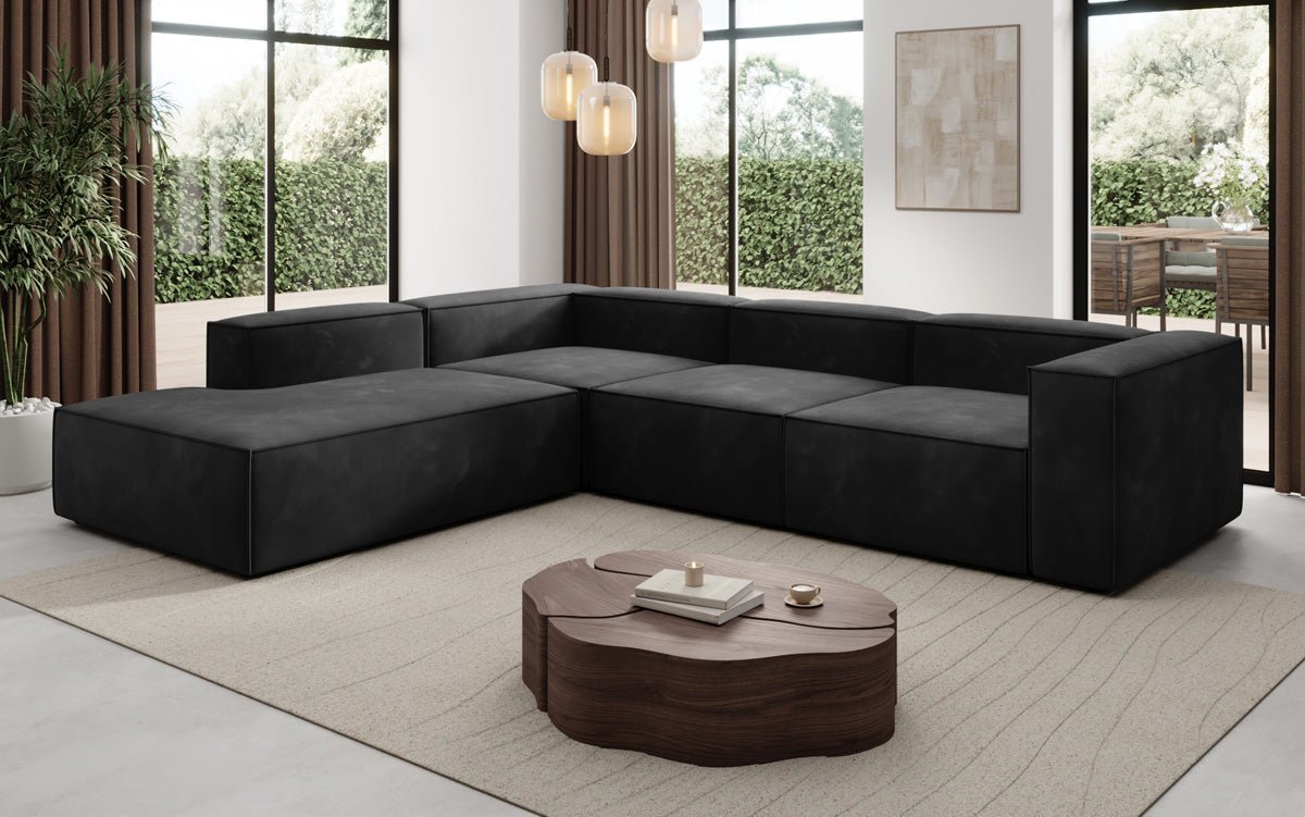 Designer Sofa Lesley L mat laanger Ottomane aus Samt