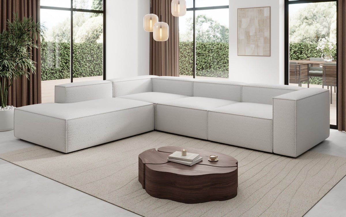 Designer Sofa Lesley L mat laanger Ottomane a Bouclé