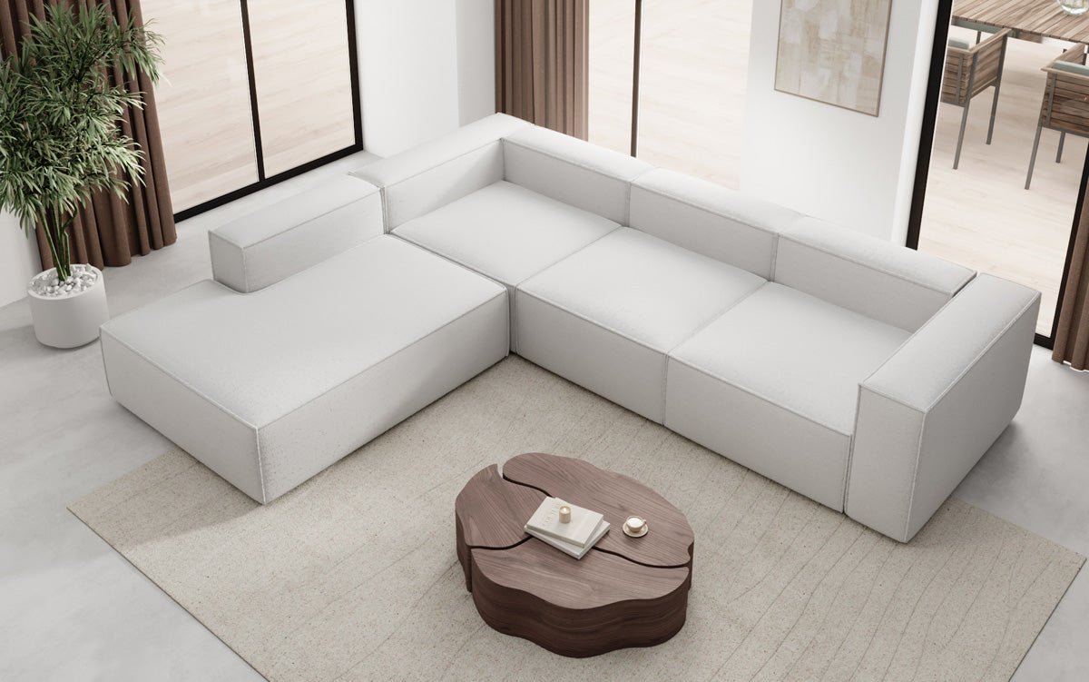 Designer Sofa Lesley L mat laanger Ottomane a Bouclé