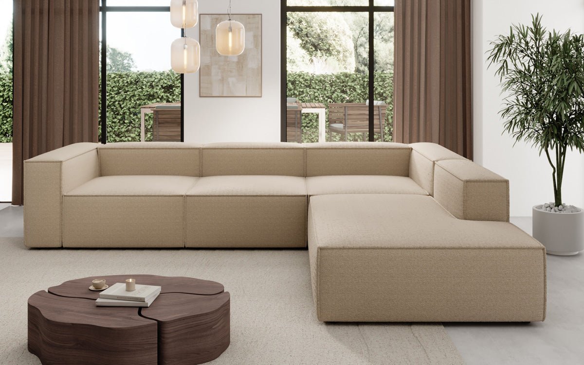 Designer Sofa Lesley L mat laanger Ottomane a Bouclé