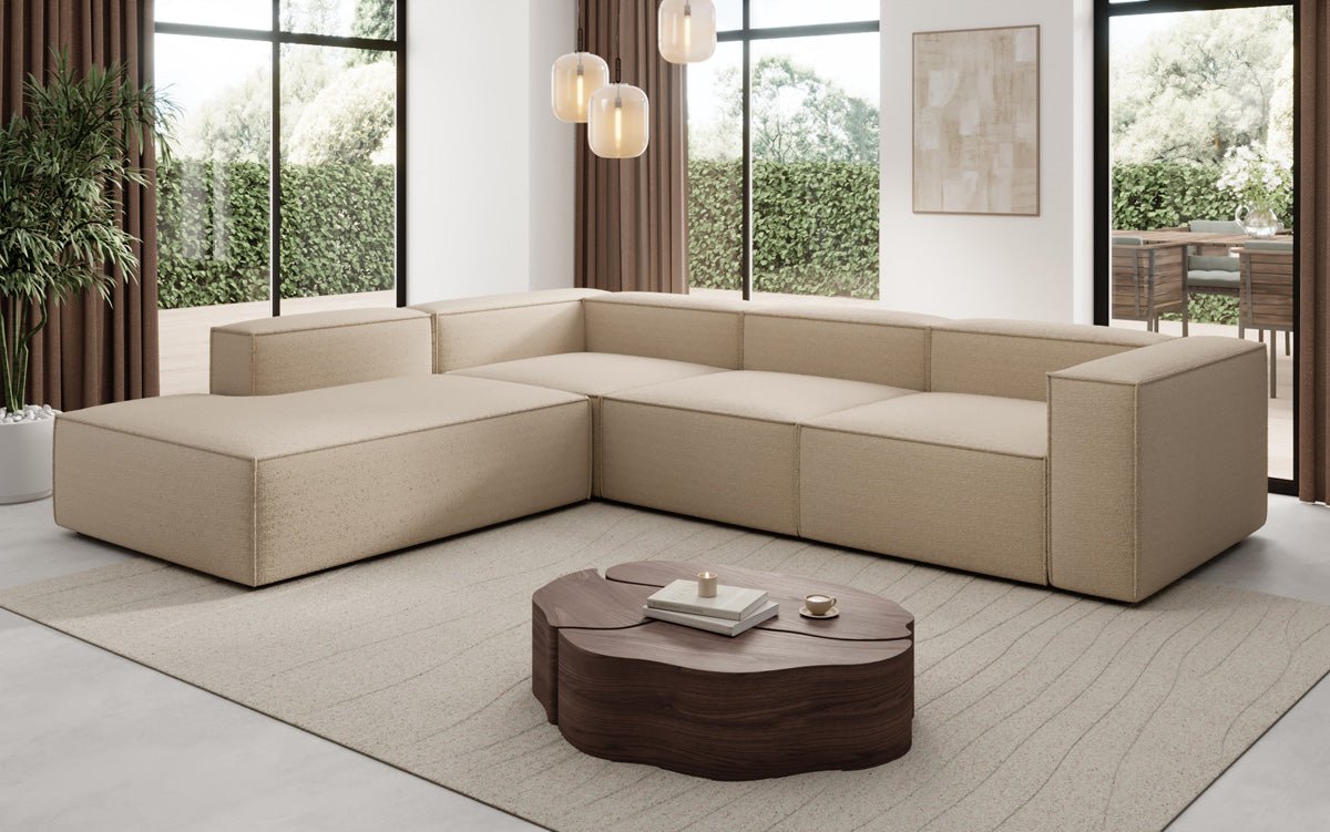 Designer Sofa Lesley L mat laanger Ottomane a Bouclé