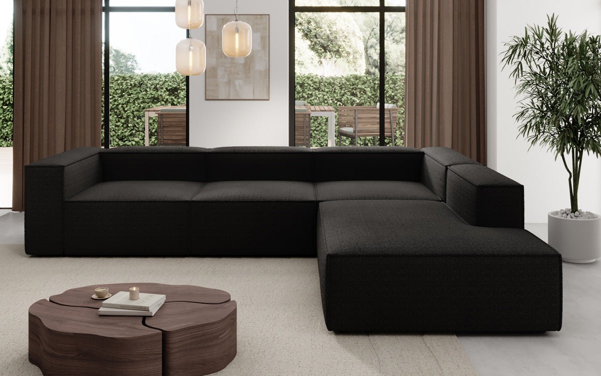 Designer Sofa Lesley L mat laanger Ottomane a Bouclé