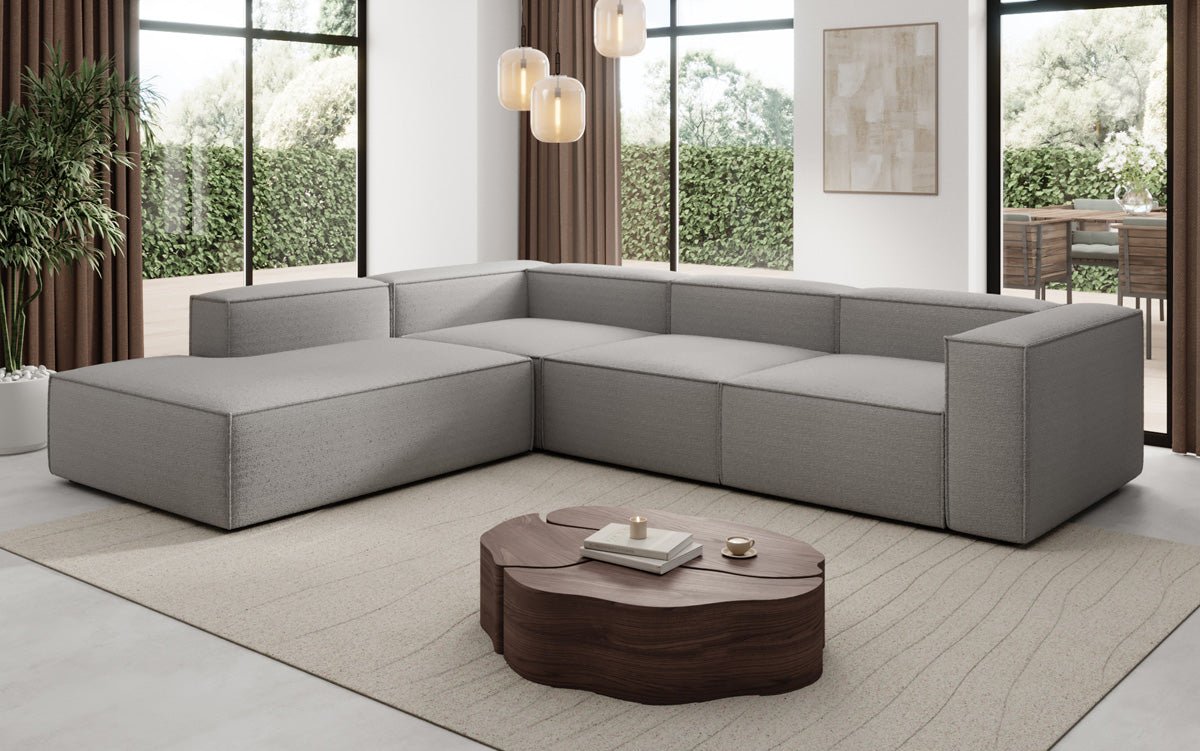 Designer Sofa Lesley L mat laanger Ottomane a Bouclé