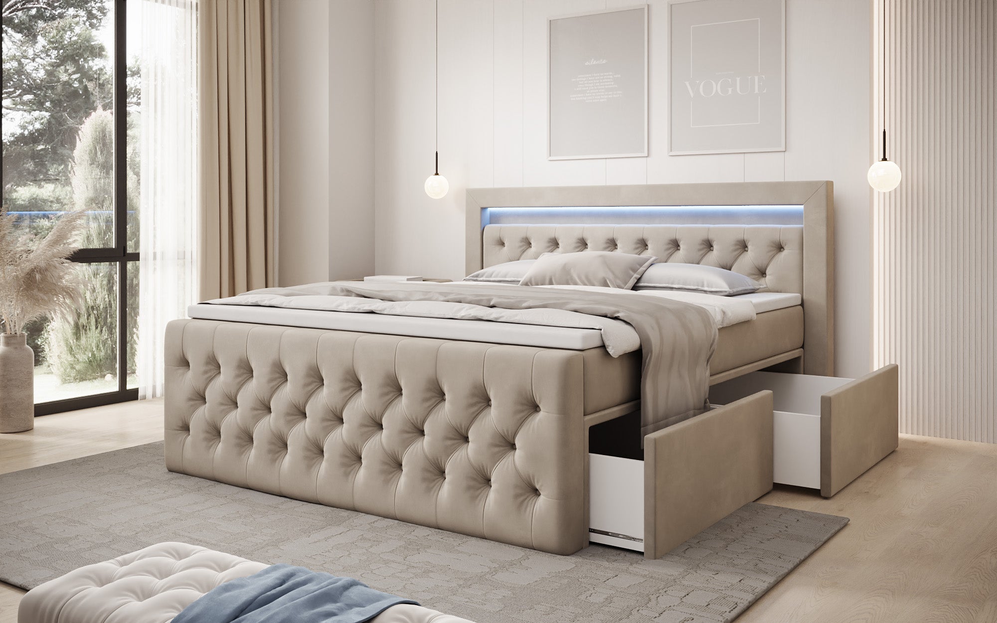Boxspringbett Menzogna Samt mat LED an Späicherplaz (2 Schubladen)