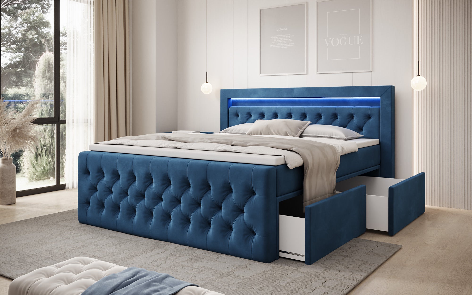 Boxspringbett Menzogna Samt mat LED an Späicherplaz (2 Schubladen)