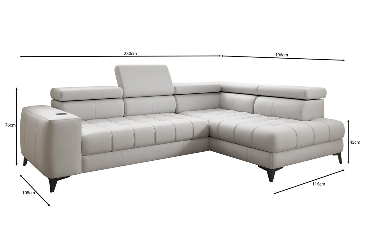 Designer L Sofa Seluna mat elektrescher Schloffunktioun, Induktioun an Späicherraum a Echtläder