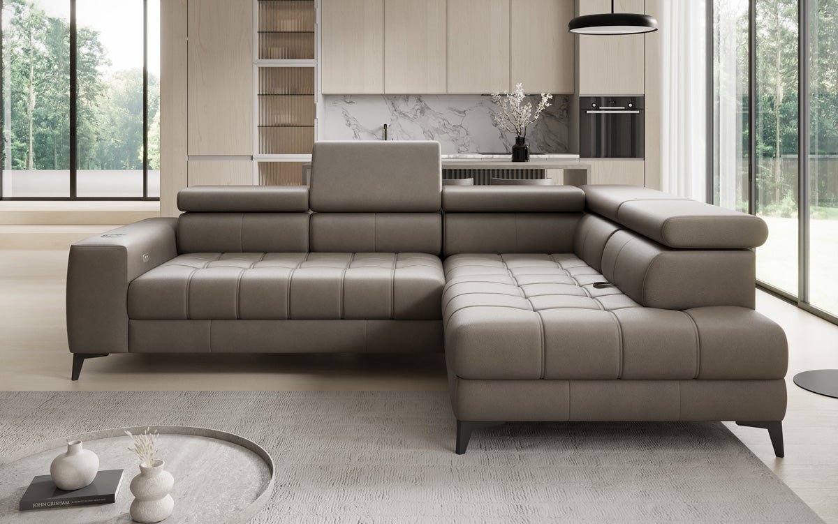 Designer L Sofa Seluna mat elektrescher Schloffunktioun, Induktioun an Späicherraum a Echtläder