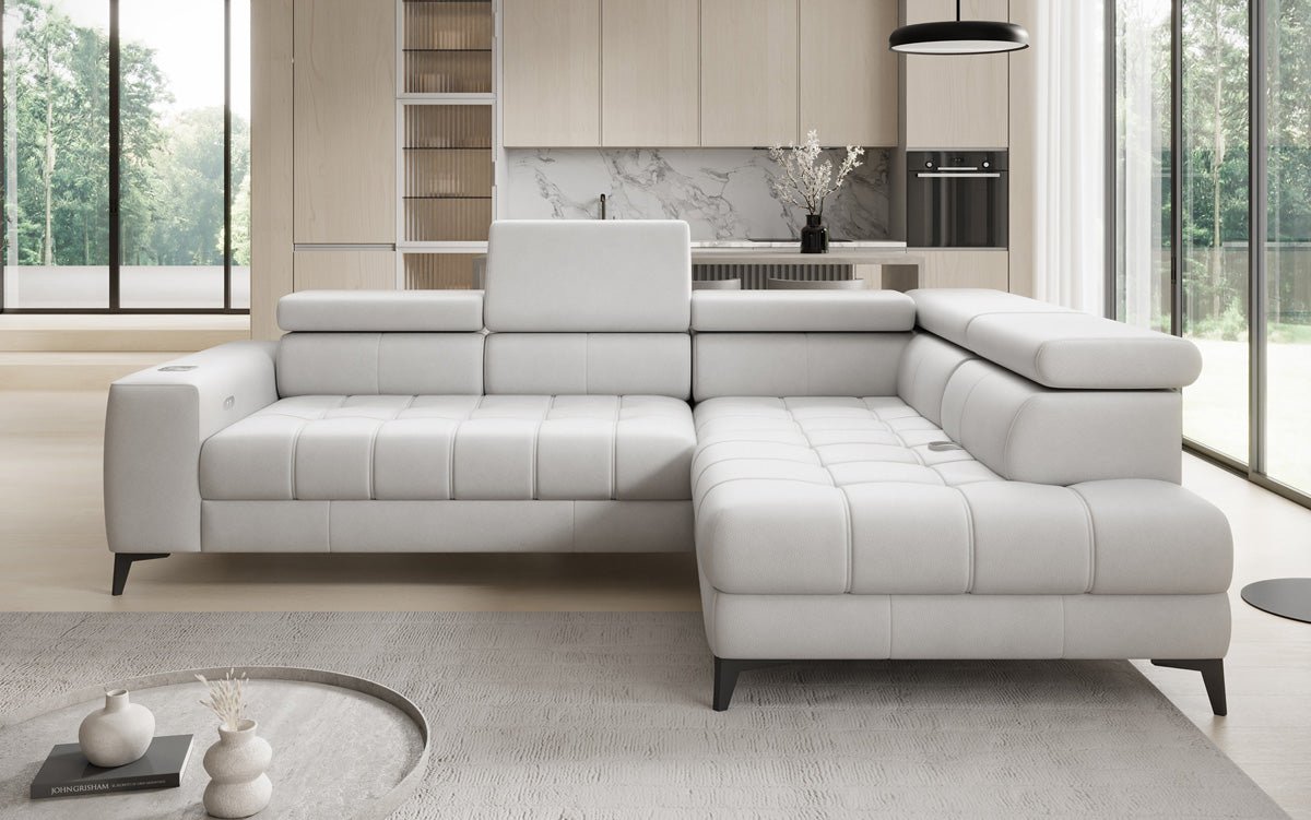 Designer L Sofa Seluna mat elektrescher Schloffunktioun, Induktioun an Späicherraum a Echtläder