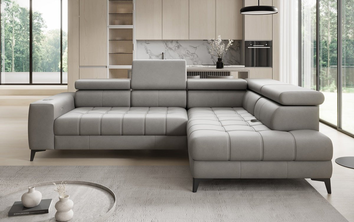 Designer L Sofa Seluna mat elektrescher Schloffunktioun, Induktioun an Späicherraum a Echtläder