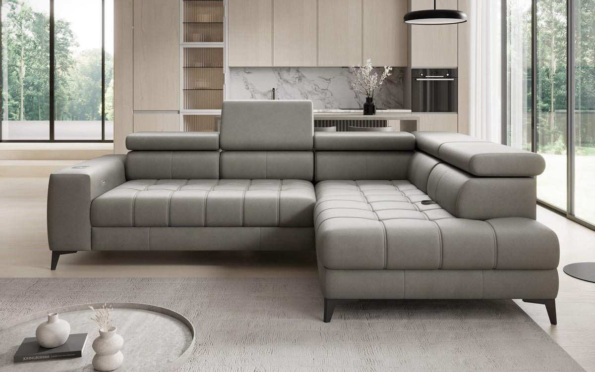 Designer L Sofa Seluna mat elektrescher Schloffunktioun, Induktioun an Späicherraum a Echtläder