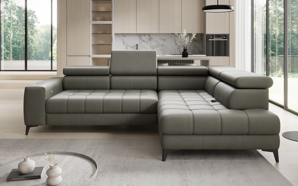 Designer L Sofa Seluna mat elektrescher Schloffunktioun, Induktioun an Späicherraum a Echtläder