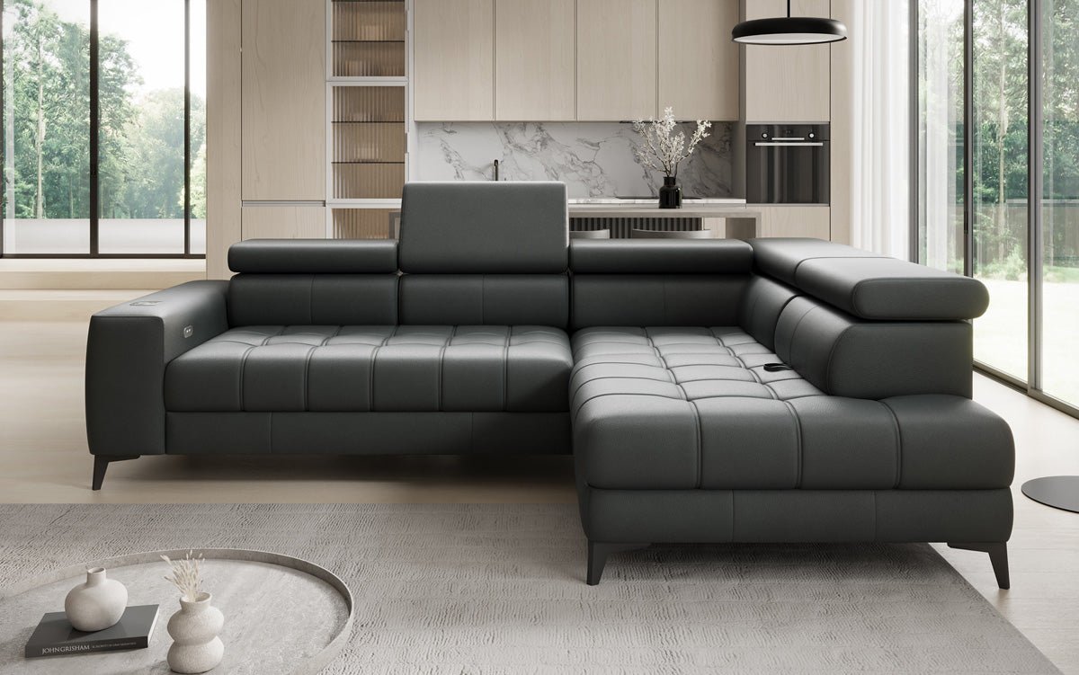 Designer L Sofa Seluna mat elektrescher Schloffunktioun, Induktioun an Späicherraum a Echtläder