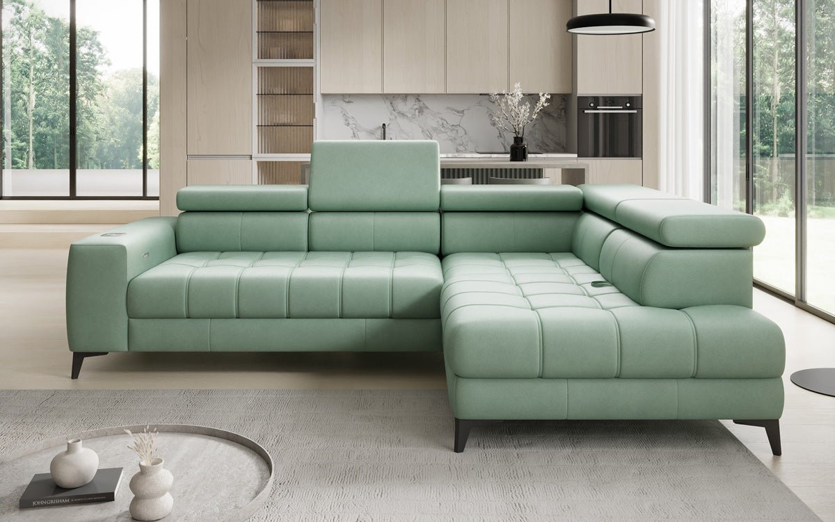 Designer L Sofa Seluna mat elektrescher Schloffunktioun, Induktioun an Späicherraum a Echtläder