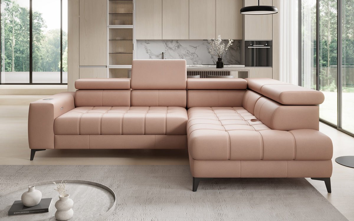 Designer L Sofa Seluna mat elektrescher Schloffunktioun, Induktioun an Späicherraum a Echtläder