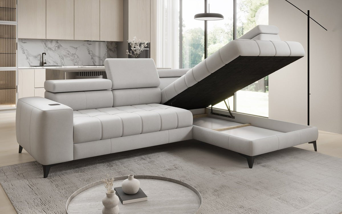 Designer L Sofa Seluna mat elektrescher Schloffunktioun, Induktioun an Späicherraum a Echtläder