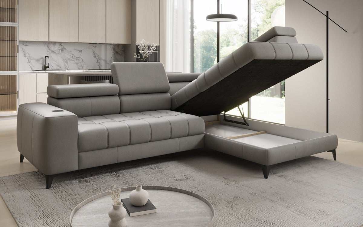 Designer L Sofa Seluna mat elektrescher Schloffunktioun, Induktioun an Späicherraum a Echtläder