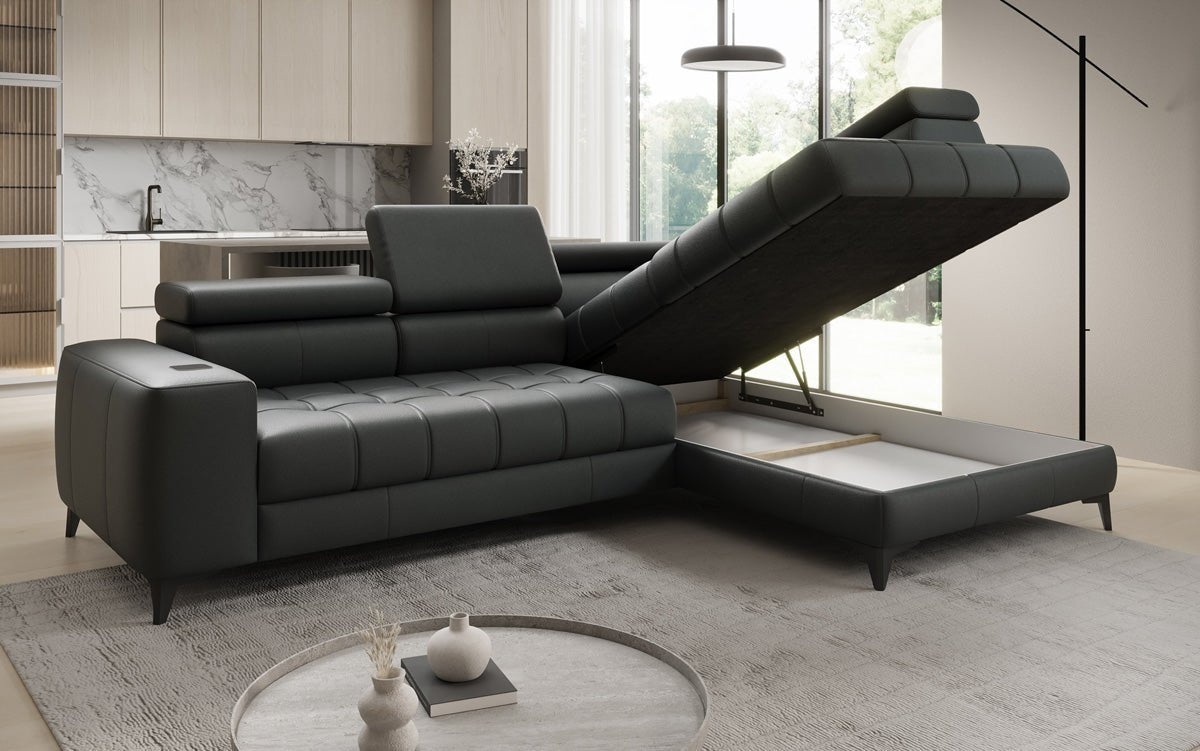 Designer L Sofa Seluna mat elektrescher Schloffunktioun, Induktioun an Späicherraum a Echtläder