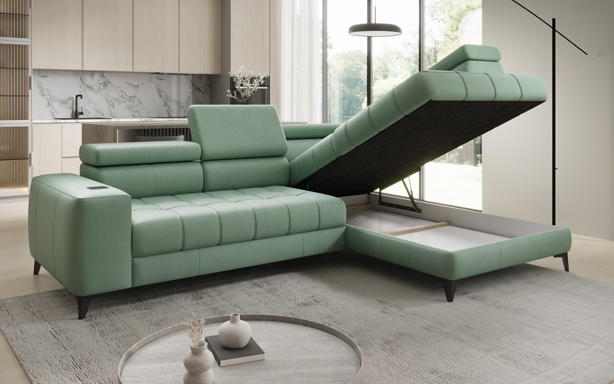 Designer L Sofa Seluna mat elektrescher Schloffunktioun, Induktioun an Späicherraum a Echtläder