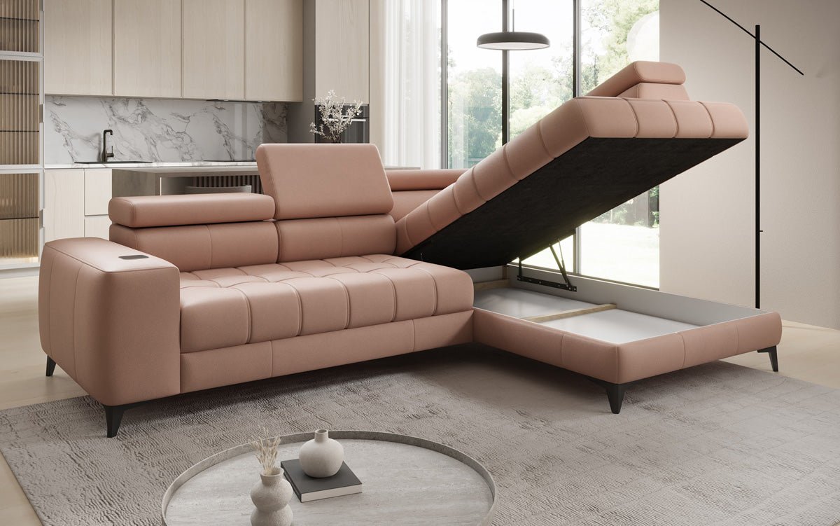 Designer L Sofa Seluna mat elektrescher Schloffunktioun, Induktioun an Späicherraum a Echtläder