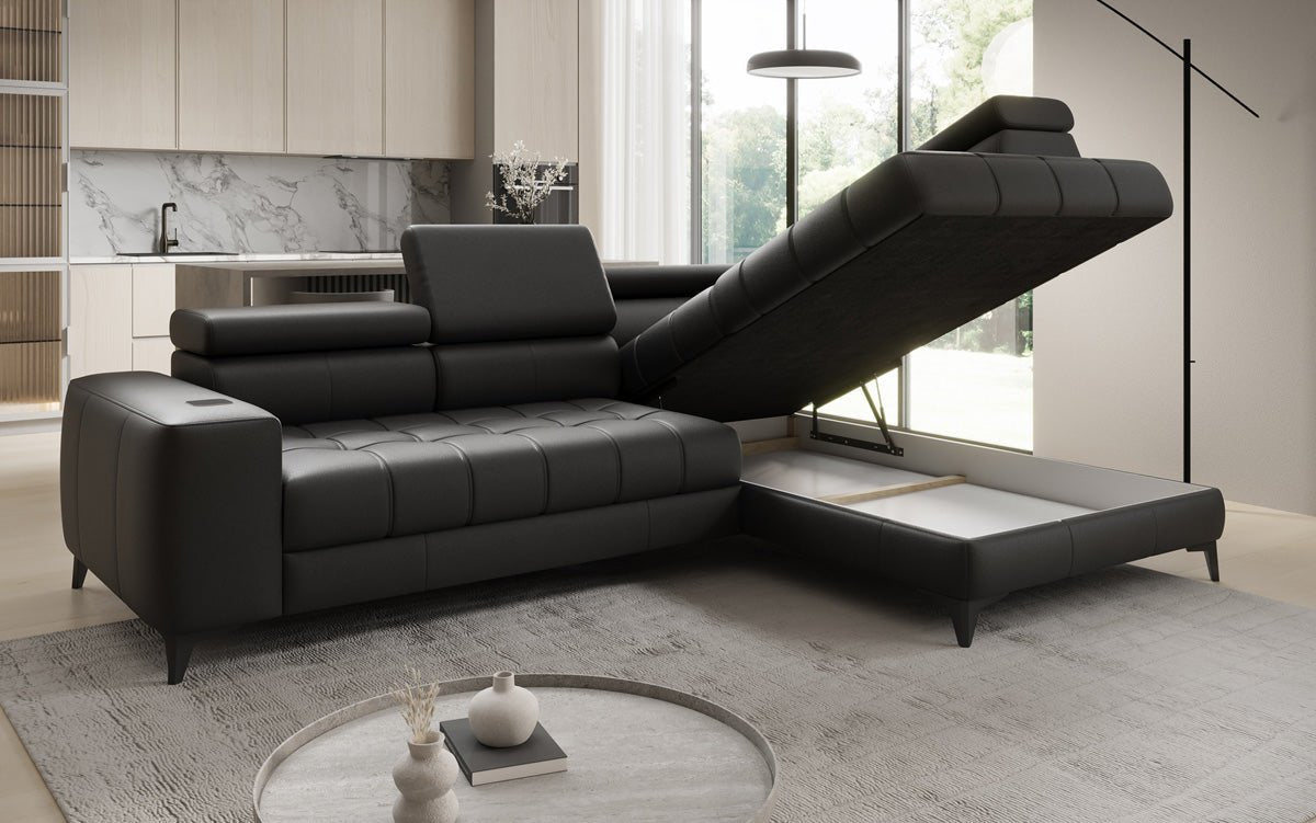 Designer L Sofa Seluna mat elektrescher Schloffunktioun, Induktioun an Späicherraum a Echtläder