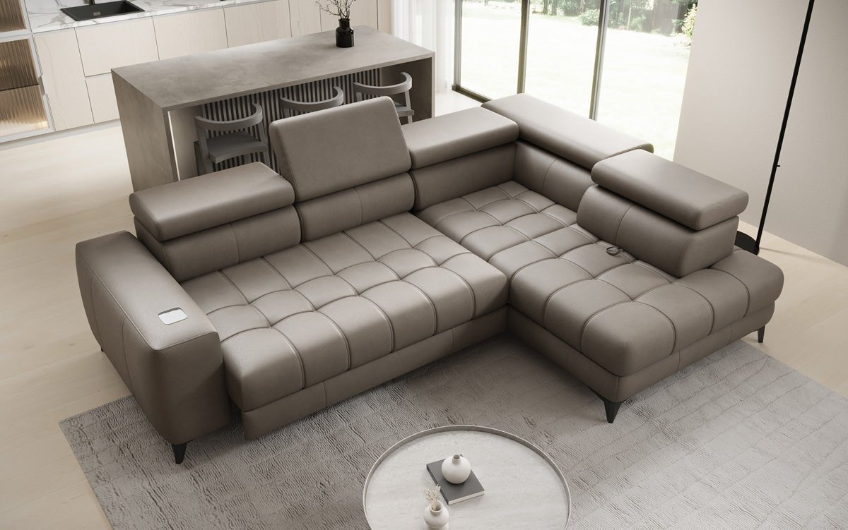 Designer L Sofa Seluna mat elektrescher Schloffunktioun, Induktioun an Späicherraum a Echtläder