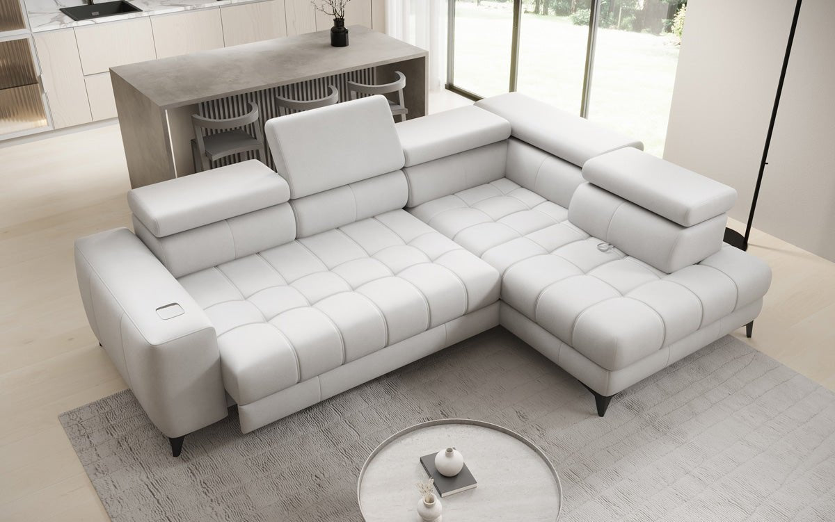 Designer L Sofa Seluna mat elektrescher Schloffunktioun, Induktioun an Späicherraum a Echtläder