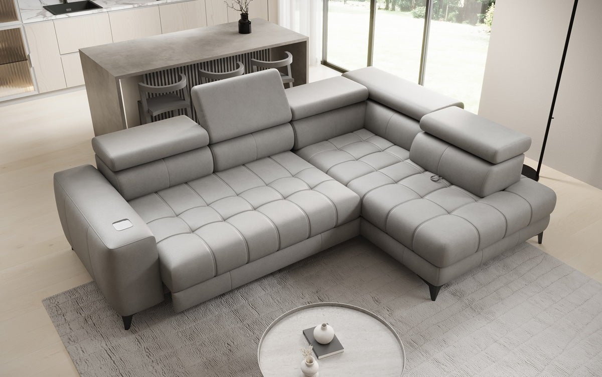 Designer L Sofa Seluna mat elektrescher Schloffunktioun, Induktioun an Späicherraum a Echtläder
