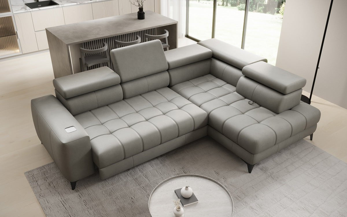 Designer L Sofa Seluna mat elektrescher Schloffunktioun, Induktioun an Späicherraum a Echtläder