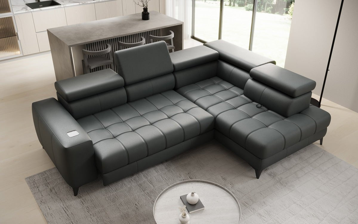 Designer L Sofa Seluna mat elektrescher Schloffunktioun, Induktioun an Späicherraum a Echtläder