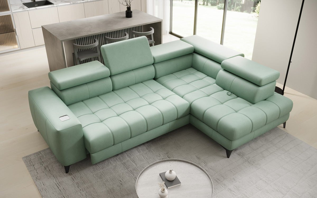 Designer L Sofa Seluna mat elektrescher Schloffunktioun, Induktioun an Späicherraum a Echtläder
